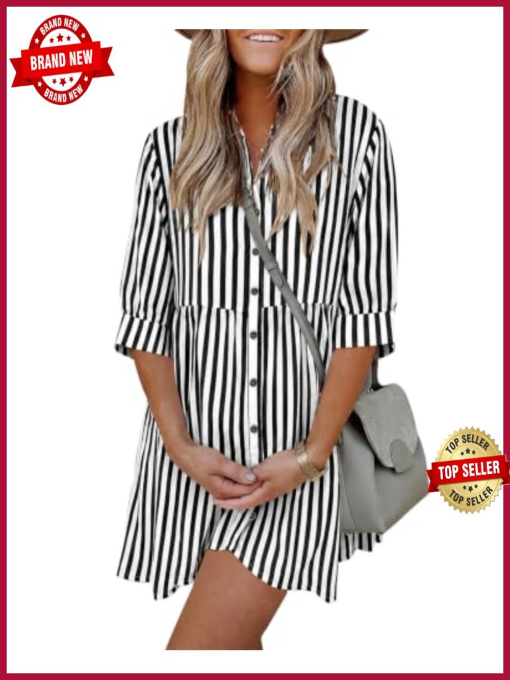 Women's Babydoll Mini Dress 3/4 Sleeve Button Down Sundress